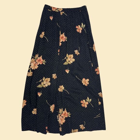 1970s floral polka dot skirt, size 8 vintage 70s/80s black & beige maxi skirt - Picture 7 of 7